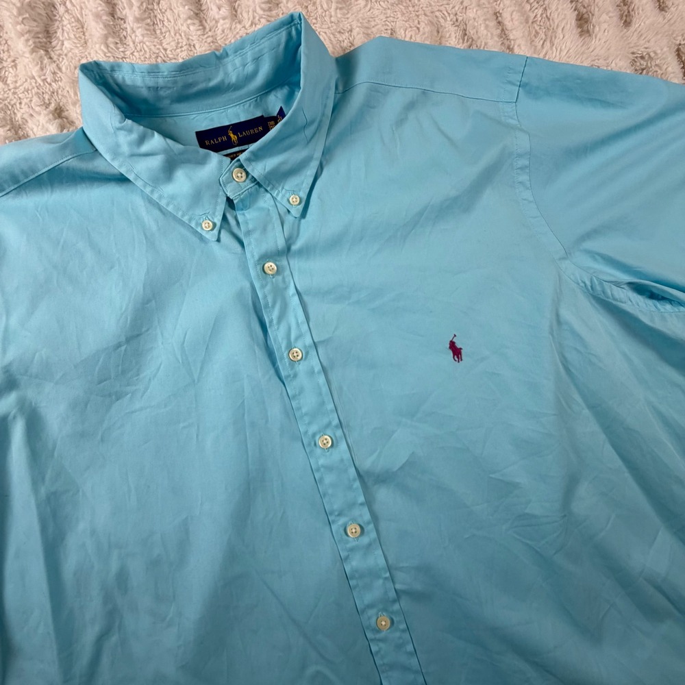 Ralph Lauren Mens 2XB Featherweight Twill Short Sleeve Button Down Shirt Blue
